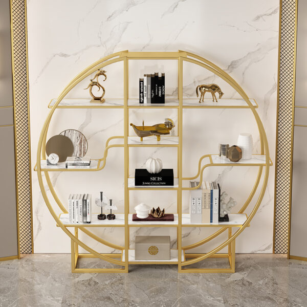 Modern minimalist display stand with high-end style. Office partition screen, row of shelves, round bookshelf, storage rack, floor-standing.